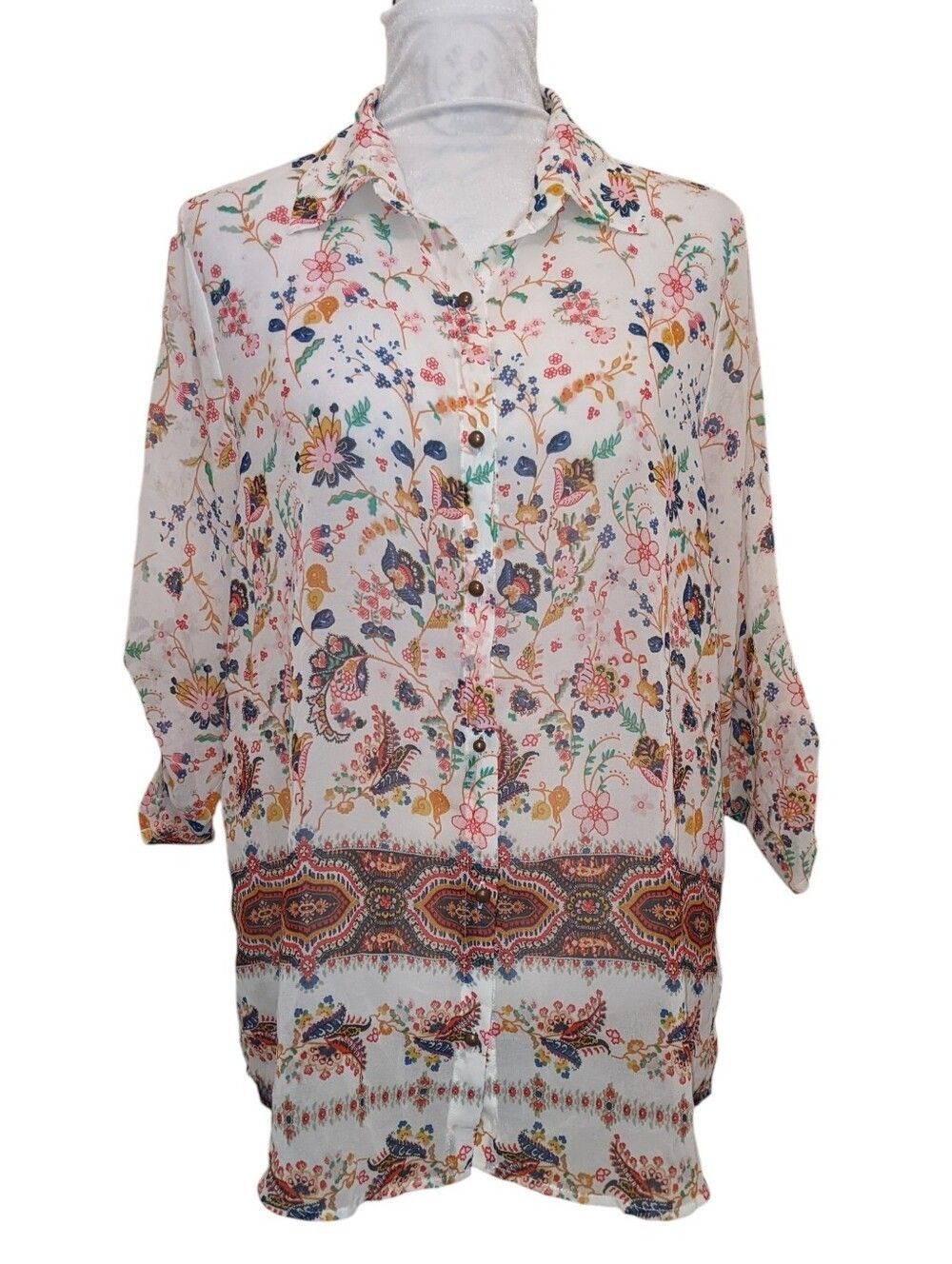 Sheer Floral Tunic Top Shirt Art To Wear Colorful Size L